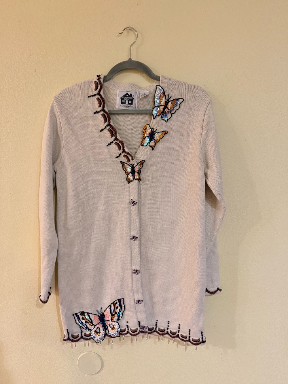Storybook Knits Beige Cardigan with Sequin Butterfly Accents beaded sequin small
